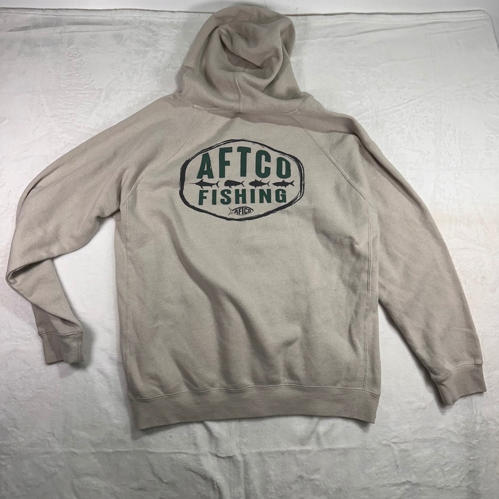 AFTCO Fishing Hoodie XL Tan Graphic Logo Raglan Pullover Sweatshirt Mens